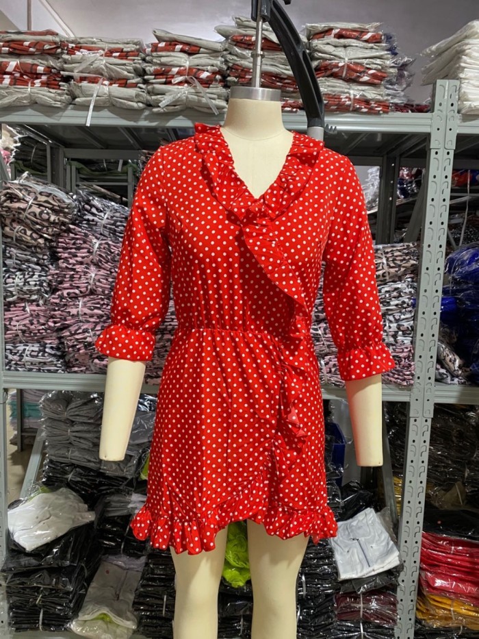 Autumn Polka Print Ruffles Wrapped Dress