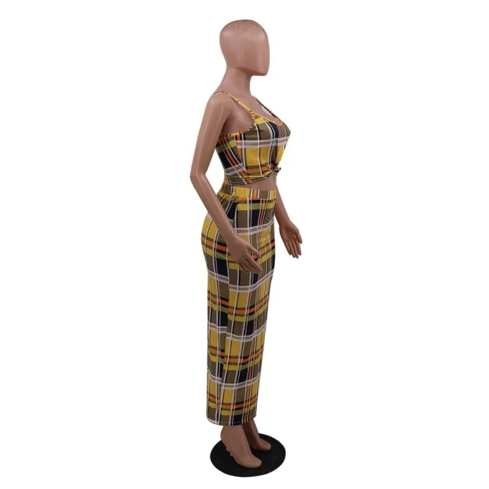 Plaid Print Sexy Strap Crop Top and Pencil Skirt Set