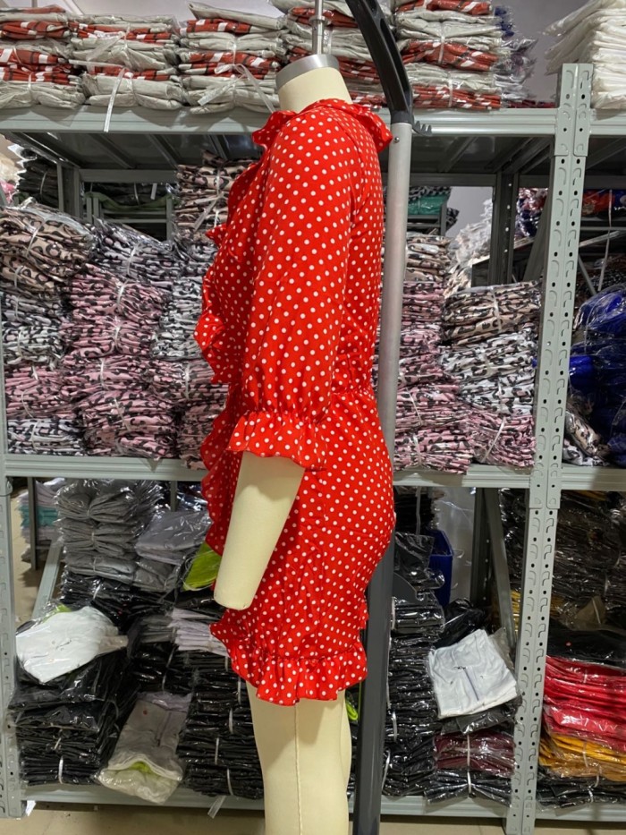 Autumn Polka Print Ruffles Wrapped Dress