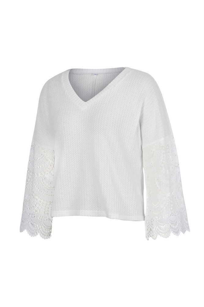 Autumn Knitted V Neck Shirt with Lace Sleeves