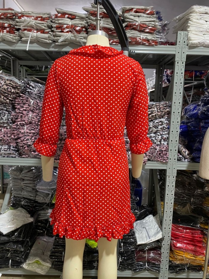 Autumn Polka Print Ruffles Wrapped Dress