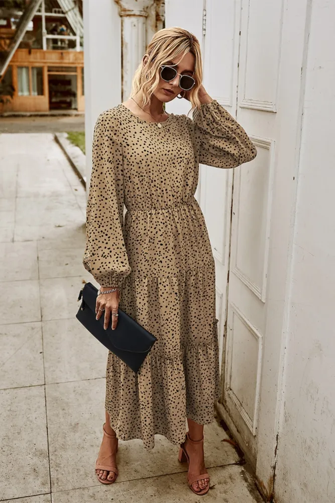 Fall Long Sleeve Square Dot Long Dress