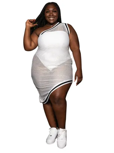 Plus Size Two Piece One Shoulder Mesh Club Dress