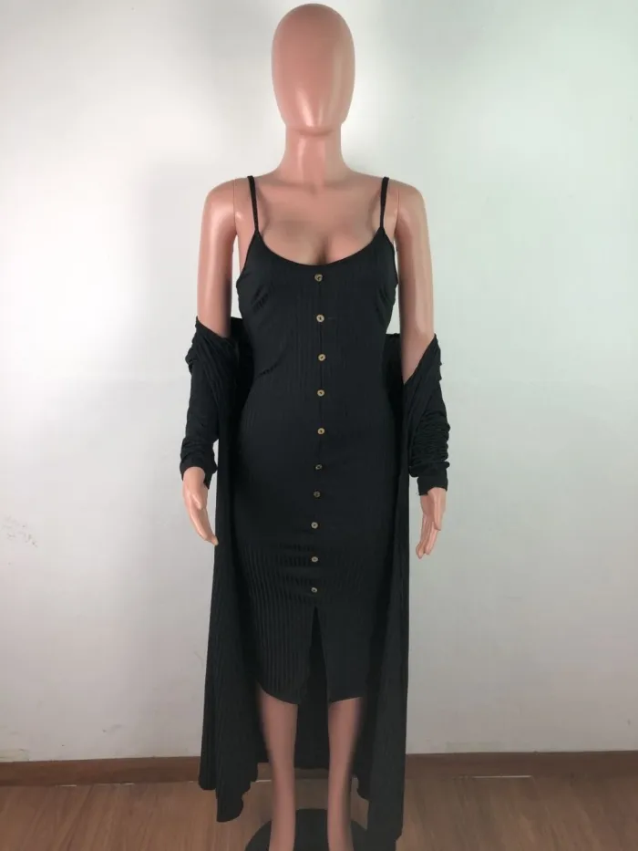 Solid Color Two Piece Dress with Matching Cardigans