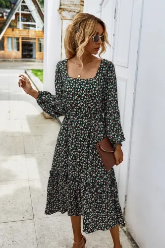 Fall Long Sleeve Square Floral Long Dress