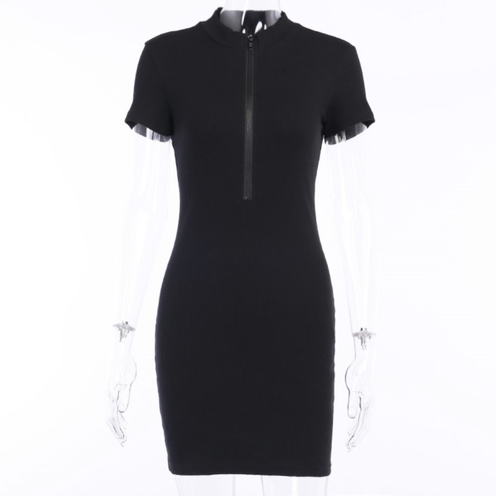 Casual Knitted Short Sleeve Zipper Mini Dress
