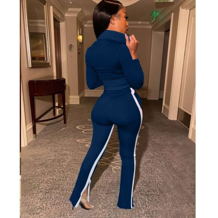 Autumn Matching Zipper Crop Top and Slit Zipper Pants Set