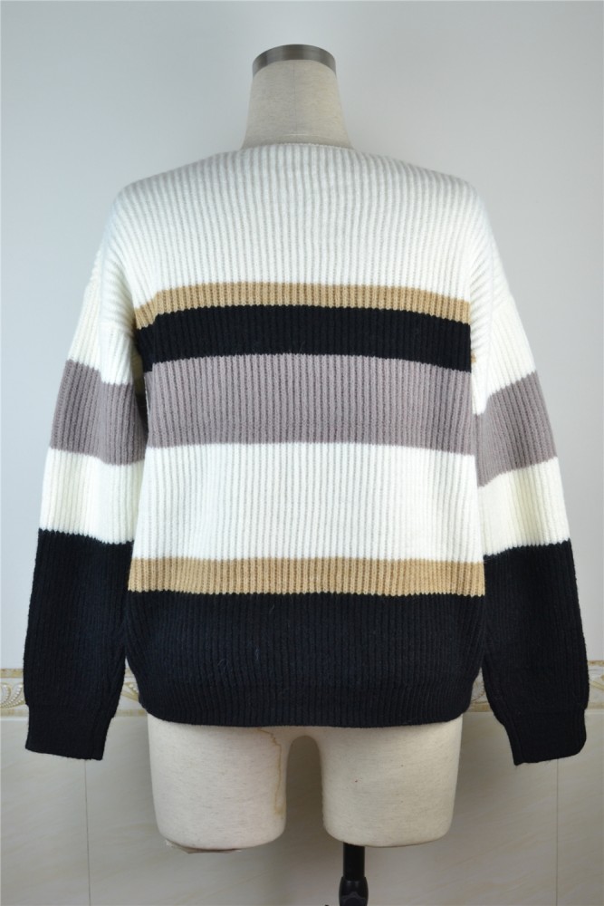 V Neck Striped Multi-Color Pullover Sweater