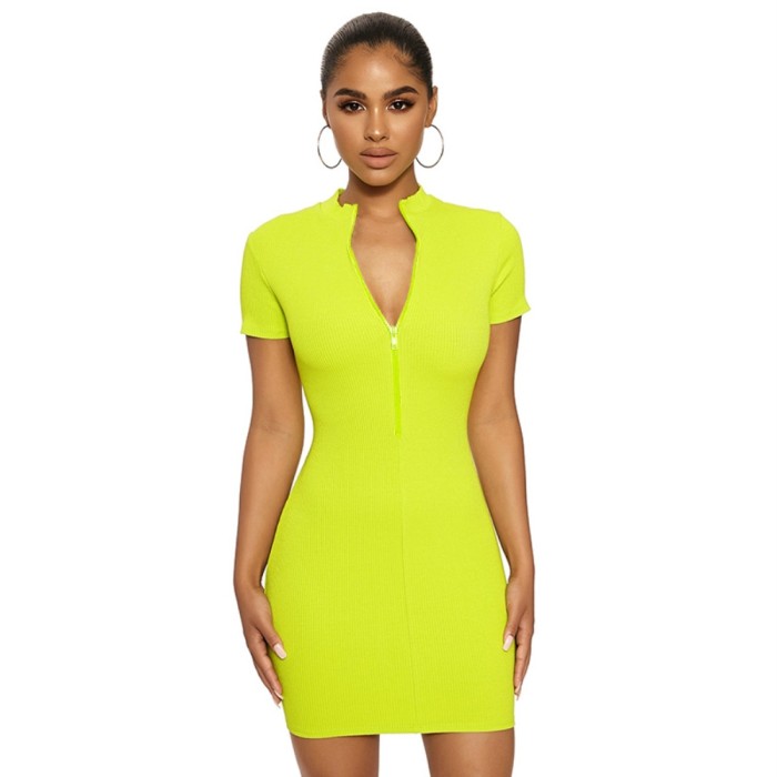 Casual Knitted Short Sleeve Zipper Mini Dress