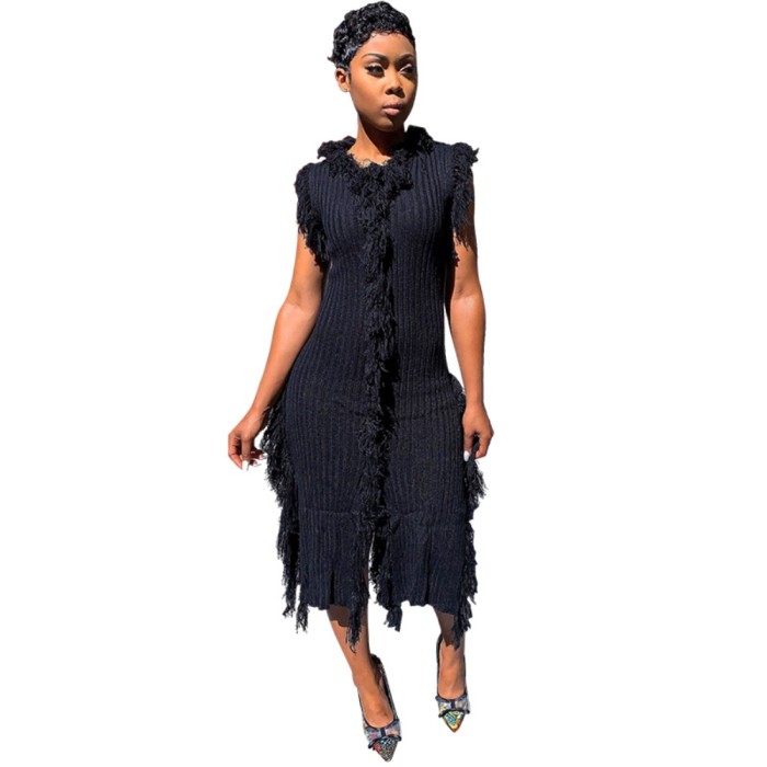 Autumn Knitted Fringe Sleeveless Sweater Dress