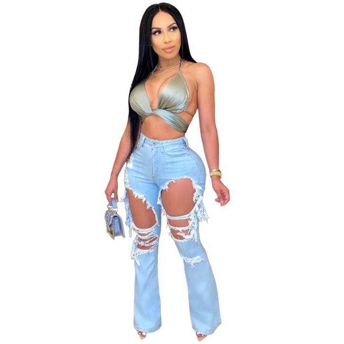 Light Blue Cut Out High Waist Jeans