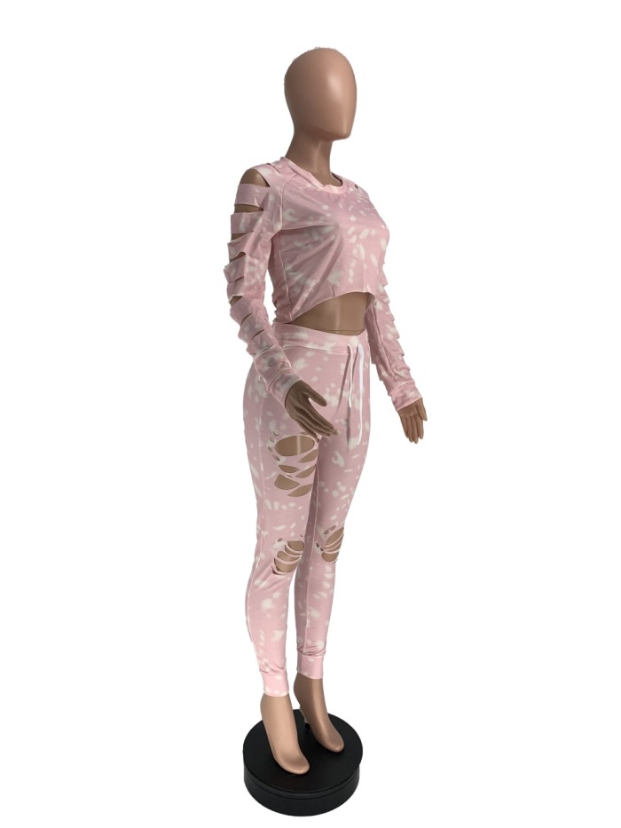 Tie Dye Two Piece Matching Ripped Pants Set