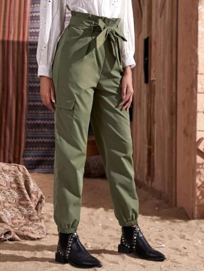 Street Style Green High Waist Trousers with Belt