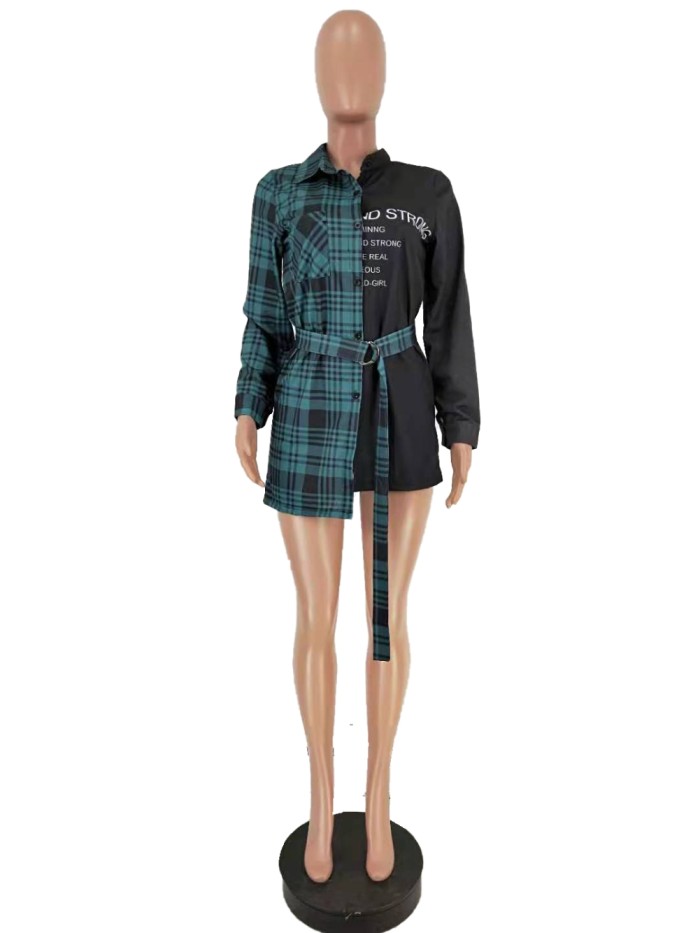 Autumn Black and Green Plaid Blouse with Belt