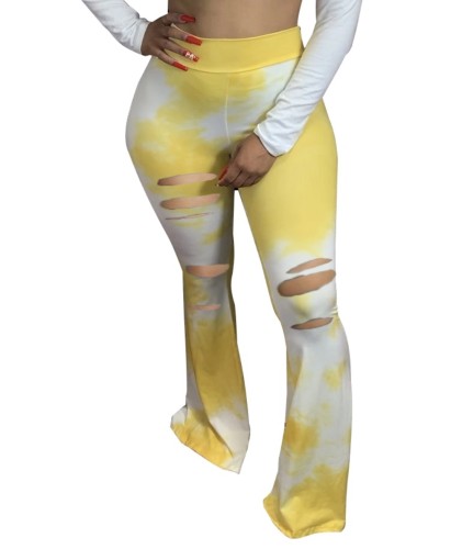 Bell Bottom Tie Dye High Waist Rip Trousers