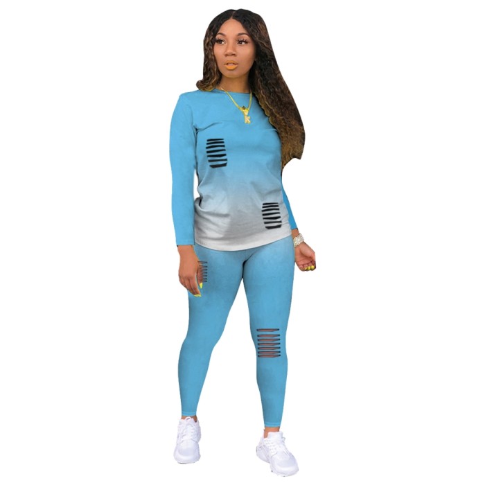 Gradient Two Piece Matching Ripped Pants Set