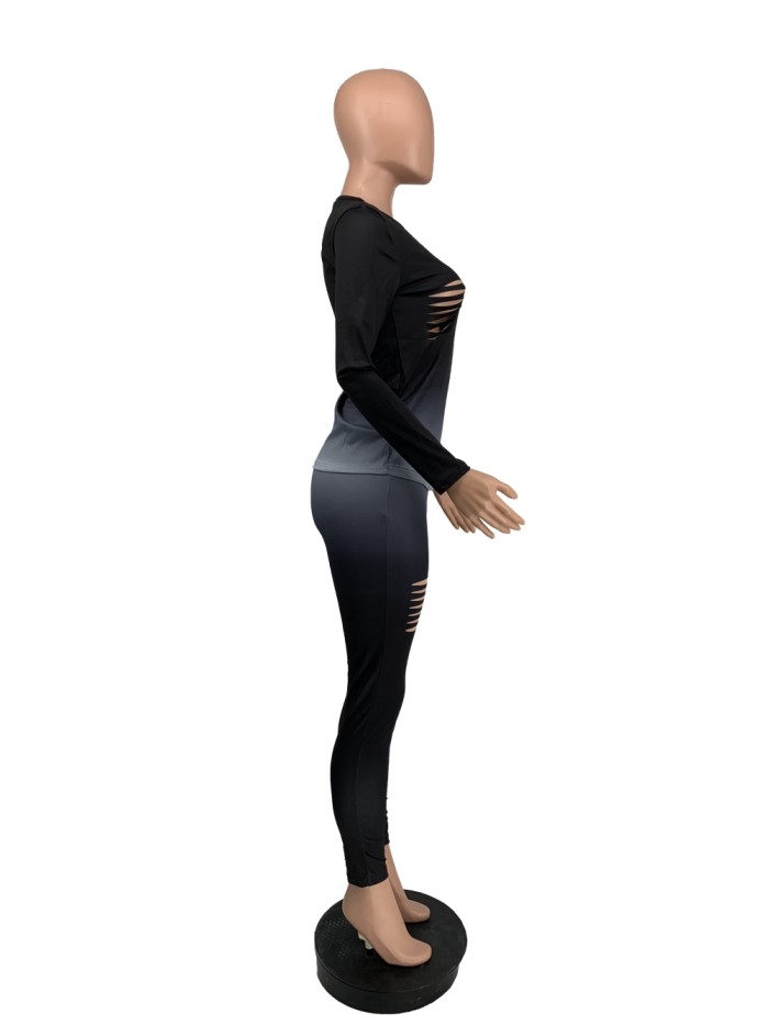 Gradient Two Piece Matching Ripped Pants Set