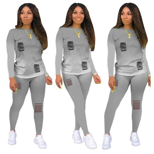 Gradient Two Piece Matching Ripped Pants Set