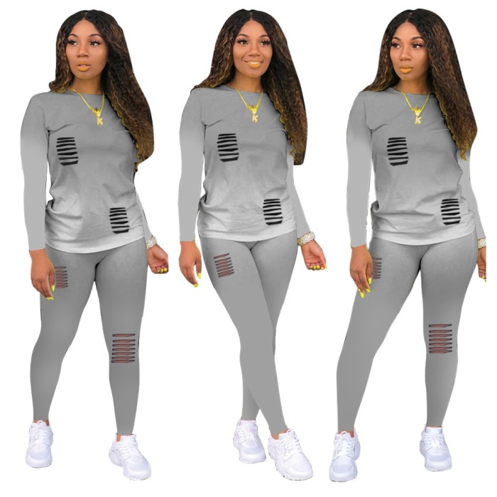 Gradient Two Piece Matching Ripped Pants Set