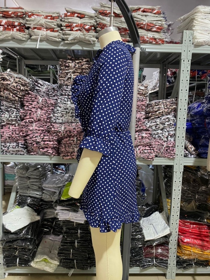 Autumn Polka Print Ruffles Wrapped Dress