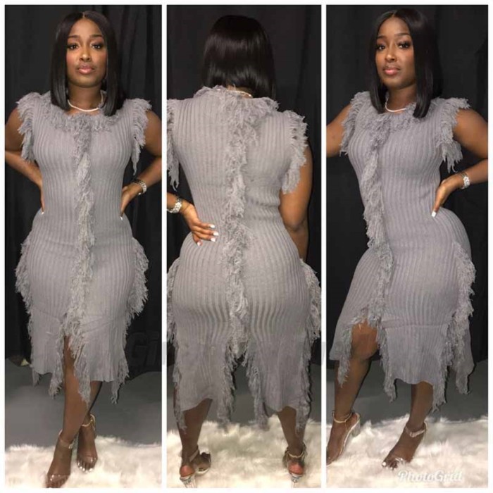 Autumn Knitted Fringe Sleeveless Sweater Dress