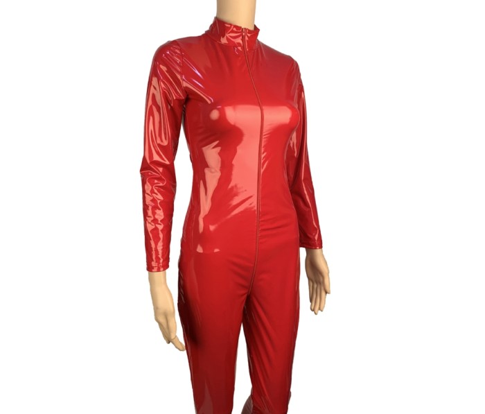 Leather Red Long Sleeve Zipper Jumpsuit