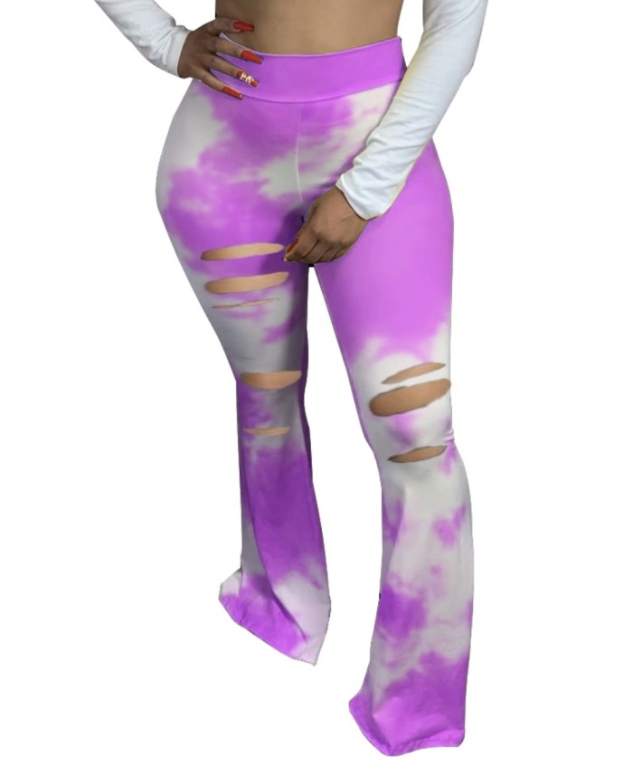 Bell Bottom Tie Dye High Waist Rip Trousers