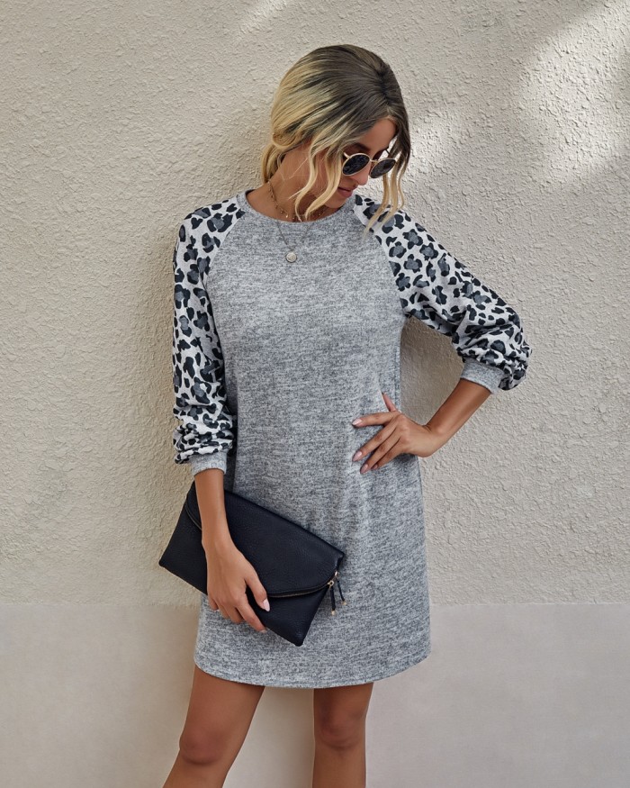 Autumn O Neck Shirt Dress with Leopard Sleeves