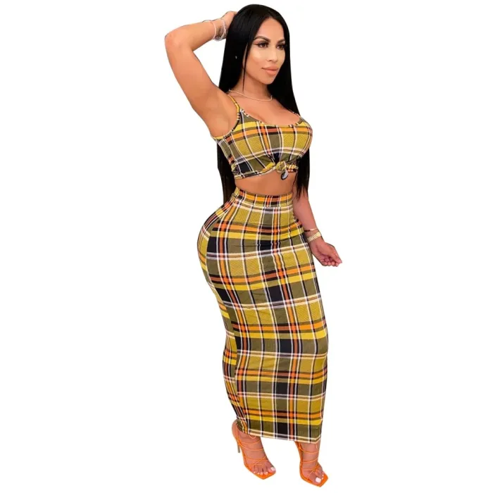 Plaid Print Sexy Strap Crop Top and Pencil Skirt Set