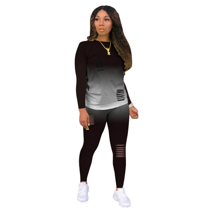 Gradient Two Piece Matching Ripped Pants Set