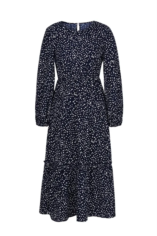 Fall Long Sleeve O Neck Dot Long Dress