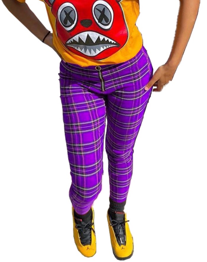 Casual African Plaid Zipper Trousers