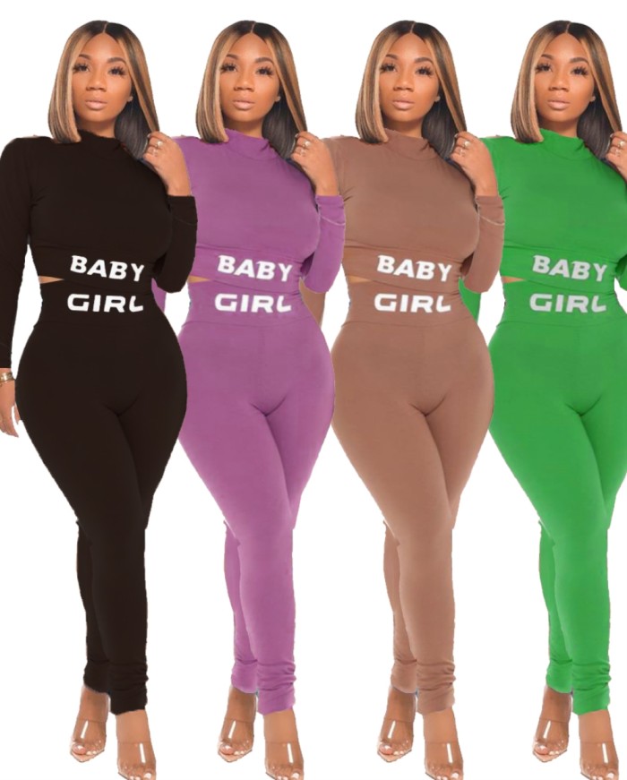 Sports Print Long Sleeve Crop Top and Pants Set