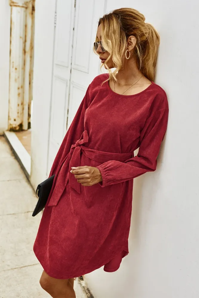 Autumn Plain Short Casual Dress with Belt