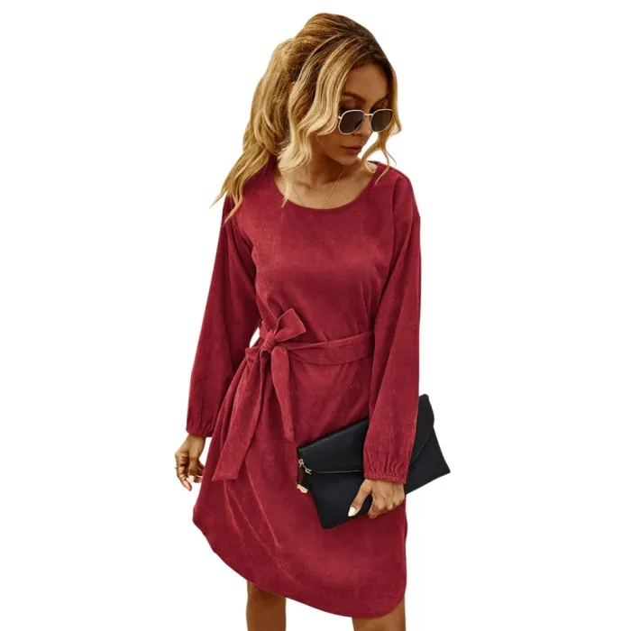 Autumn Plain Short Casual Dress with Belt