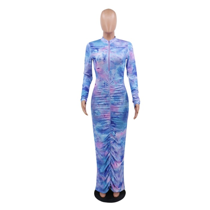 Tie Dye Ruched Long Curvy Dress with Full Sleeves