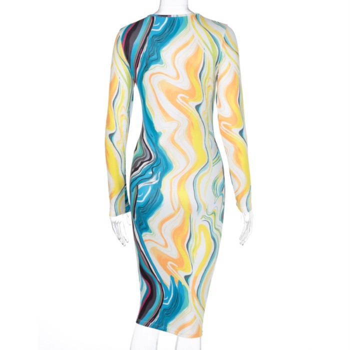 Long Sleeve African Colorful Midi Dress