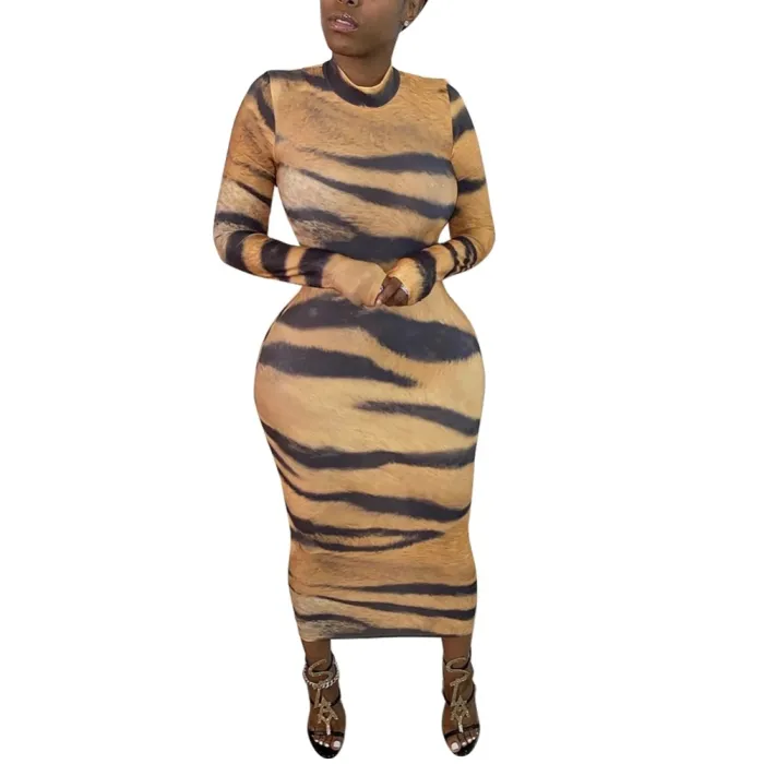 Sexy Tiger Print Long Curvy Dress with Full Sleeves