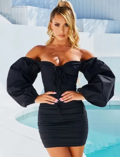 Lace Up Strapless Vintage Mini Dress with Puff Sleeves