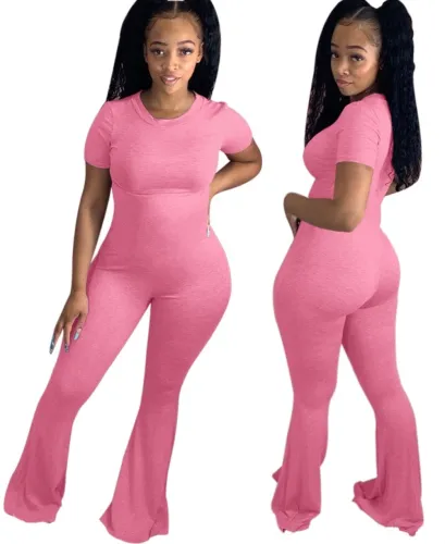 Solid Color Bell Bottom Jumpsuit with Short Sleeves
