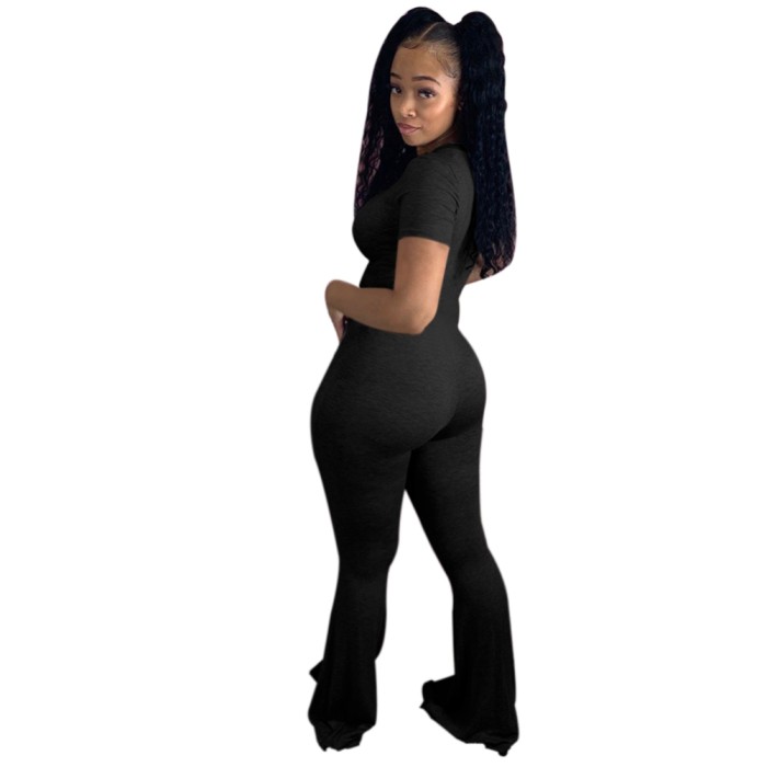 Solid Color Bell Bottom Jumpsuit with Short Sleeves