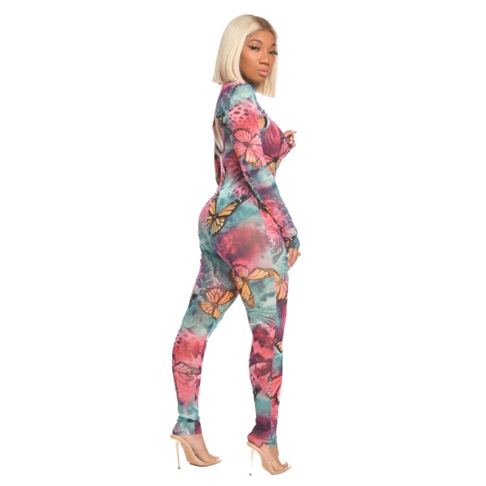 Butterfly Print Sexy Long Sleeve Bodycon Jumpsuit