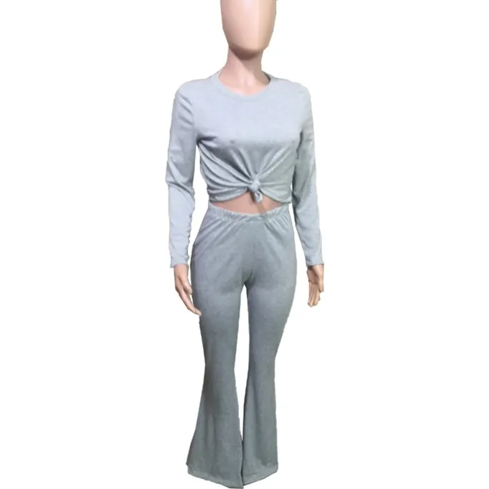 Sexy Plain Shirt and Flare Pants Set