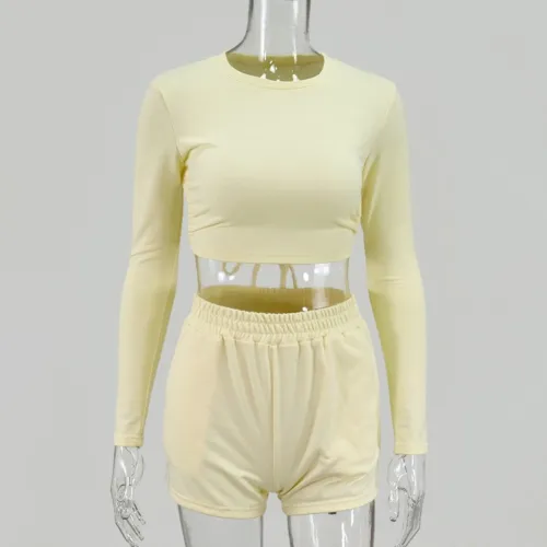 Autumn Two Piece Plain Crop Top and Shorts Set