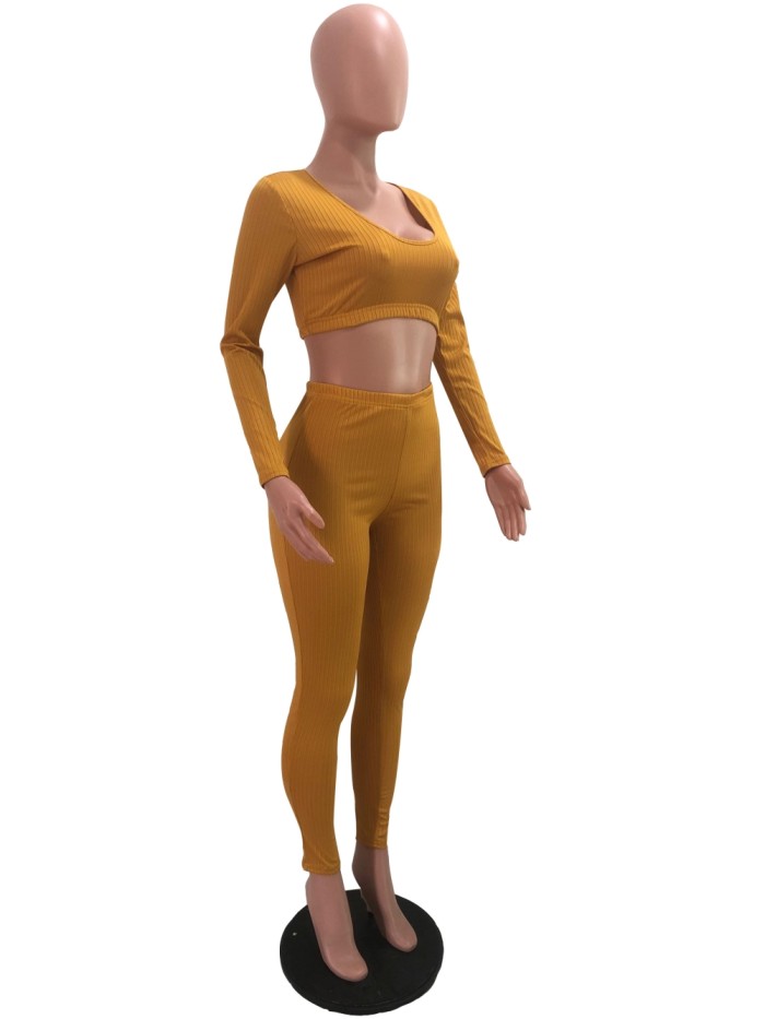 Sexy Knitted Long Sleeve Solid Crop Top and High Waist Legging Set