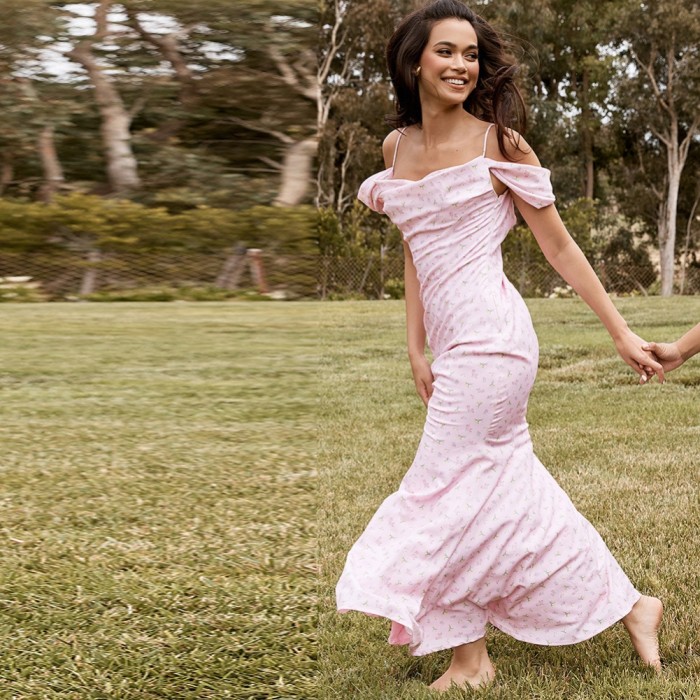 Summer Floral Pink Strap Long Evening Dress