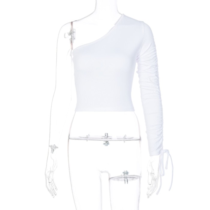 Solid Color One Shulder Sexy Top with Sleeves