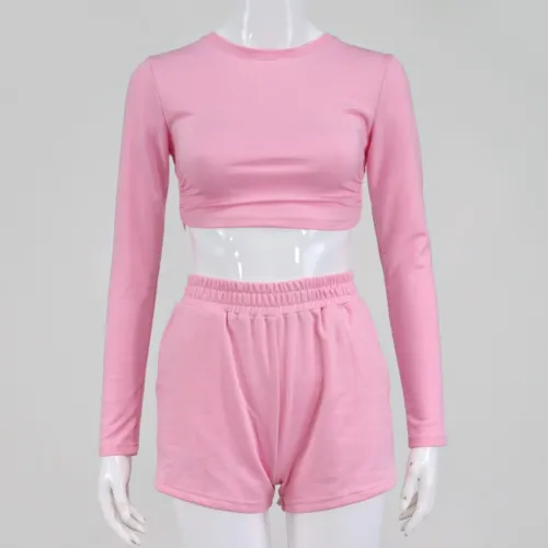 Autumn Two Piece Plain Crop Top and Shorts Set