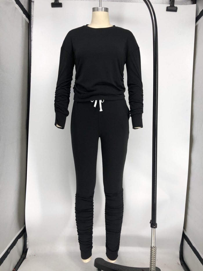 Casual Plain Two Piece Stacked Pants Set