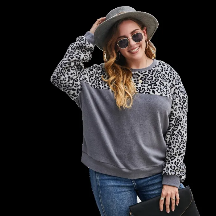 Plus Size O Neck Leopard Plush Shirt